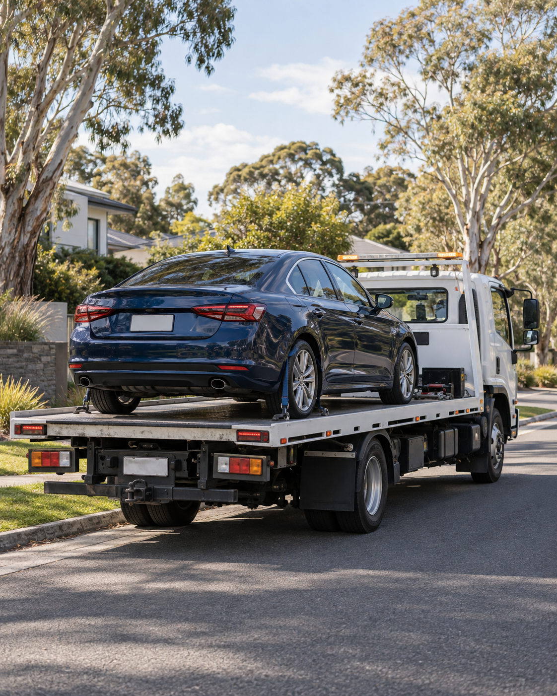 Dark blue passenger sedan transported on a level tilt-tray tow truck in a Sydney suburb