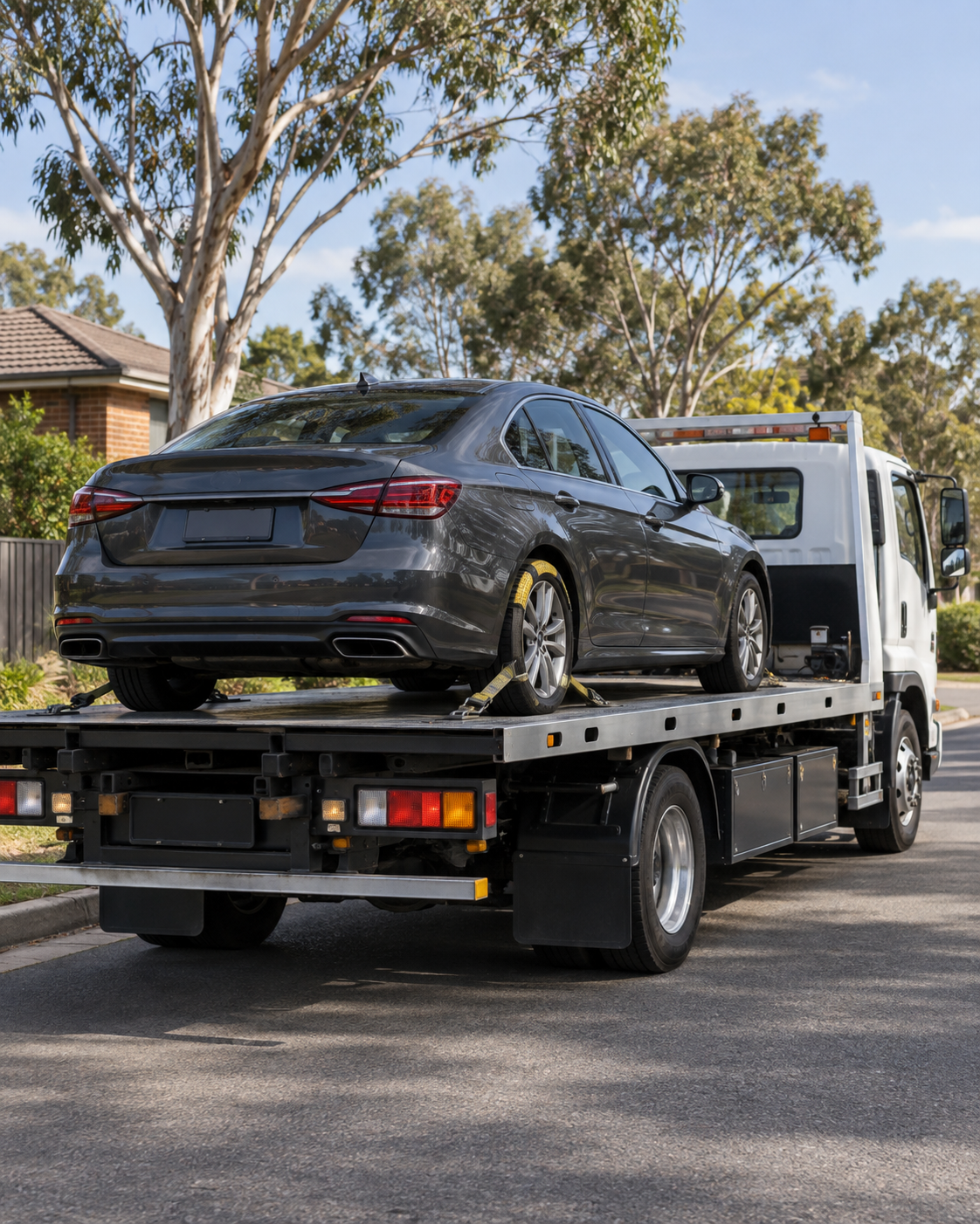 Passenger vehicle secured on a level tilt-tray tow truck in Sydney
