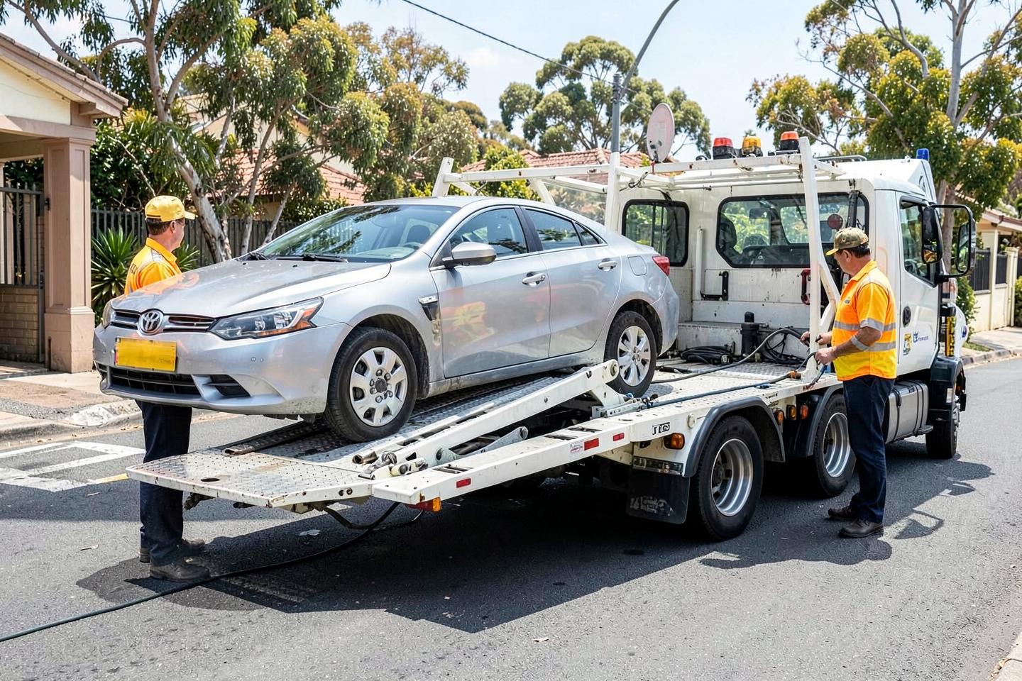 Tow truck operator in high-visibility workwear standing clear while a silver sedan is winched onto a tilt tray on an Australian street