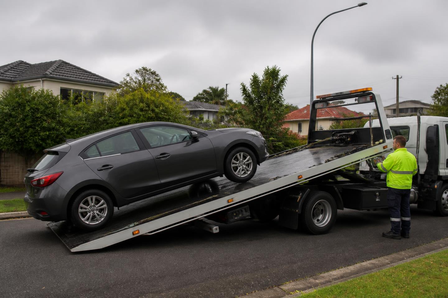 Grey hatchback being winched onto the tilted tray of a tow truck on a Sydney suburban street while the operator watches from the side