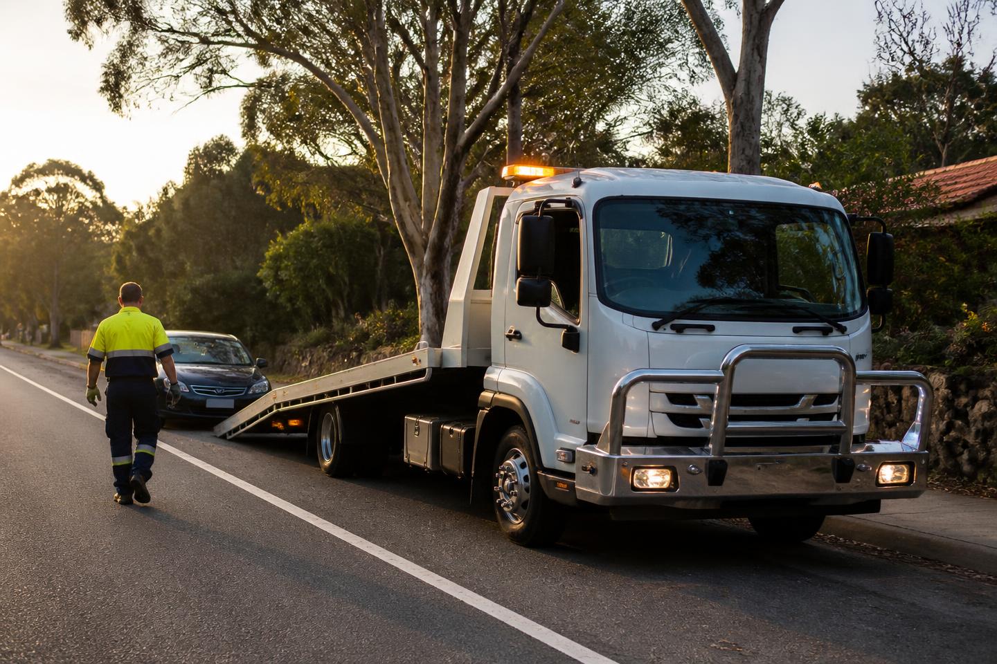 Tow truck operator in high-visibility workwear approaching a stranded grey sedan beside a white tilt-tray truck on an Australian roadside
